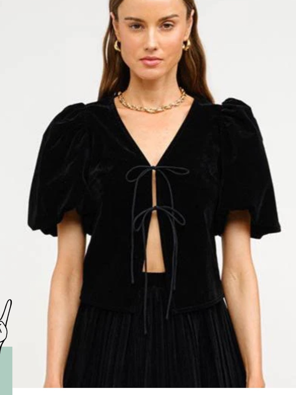Softie the Label Black Puff Sleeve Velvet Tie Front Top